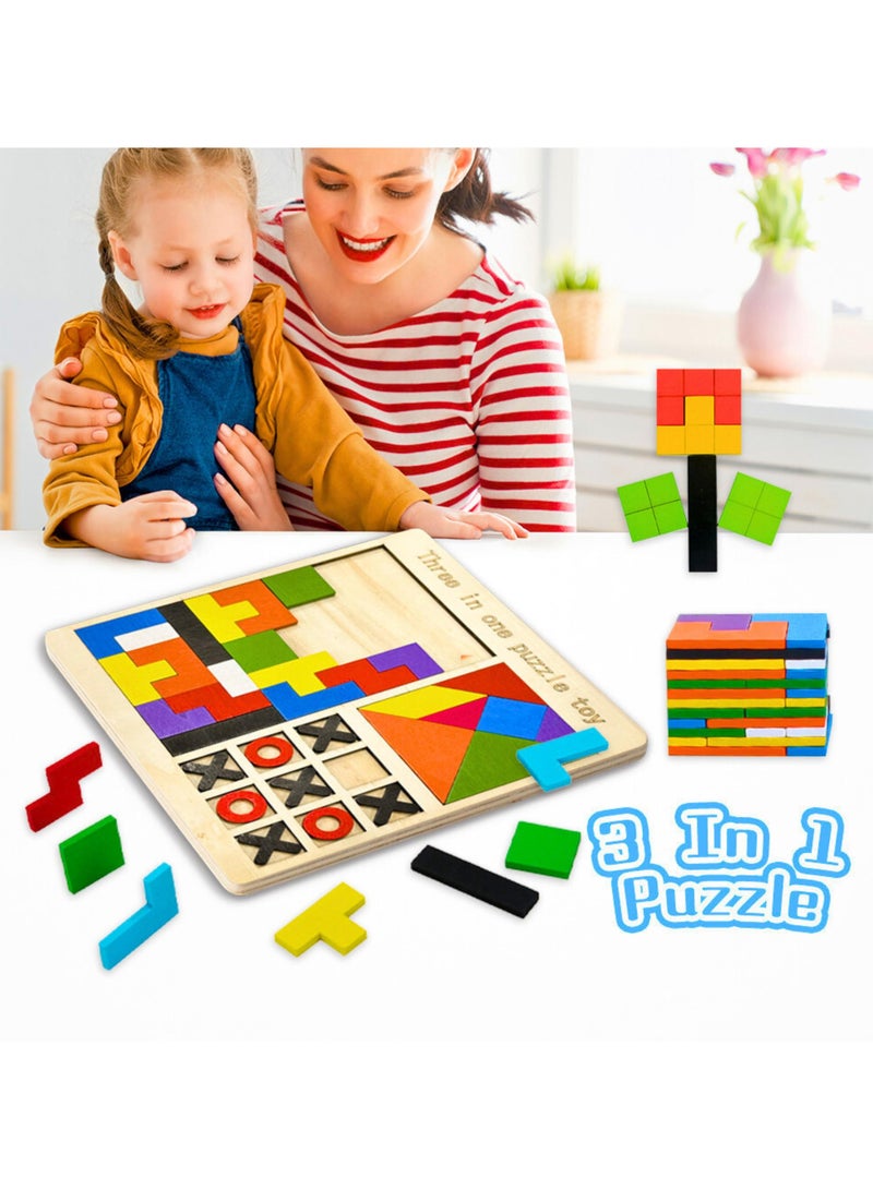 3-in-1 Puzzle Game for Kids - Educational Colorful Square Tangram, Chess,  Tic-Tac-Toe - Multicolor Wooden Building Blocks, Brain Teasers for Boys  Girls, XOXO Board Game Toy - Image 5